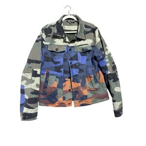 BKYS Patchwork Multicolor Camo Trucker Denim Jacket L Streetwear Y2K Urban Retro